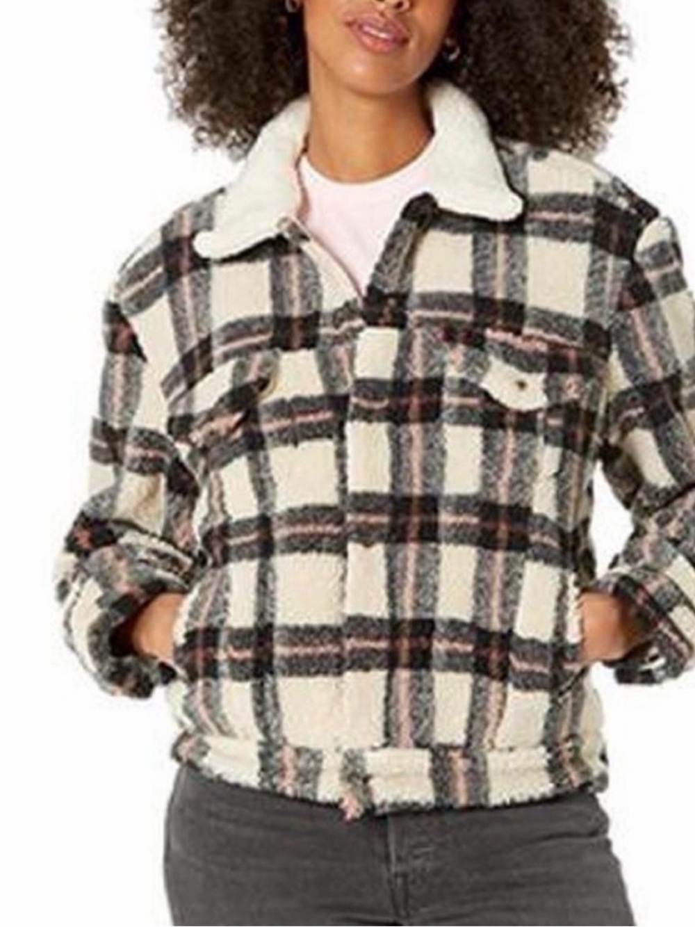 Levi's Cream & Black Plaid Teddy Sherpa Jacket
